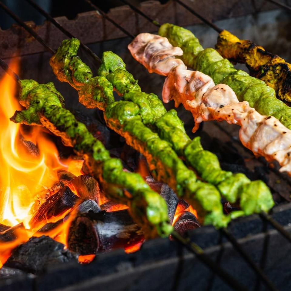 Colorful marinated meat skewers grill over bright charcoal flames, showing green, yellow, and orange kebabs.
