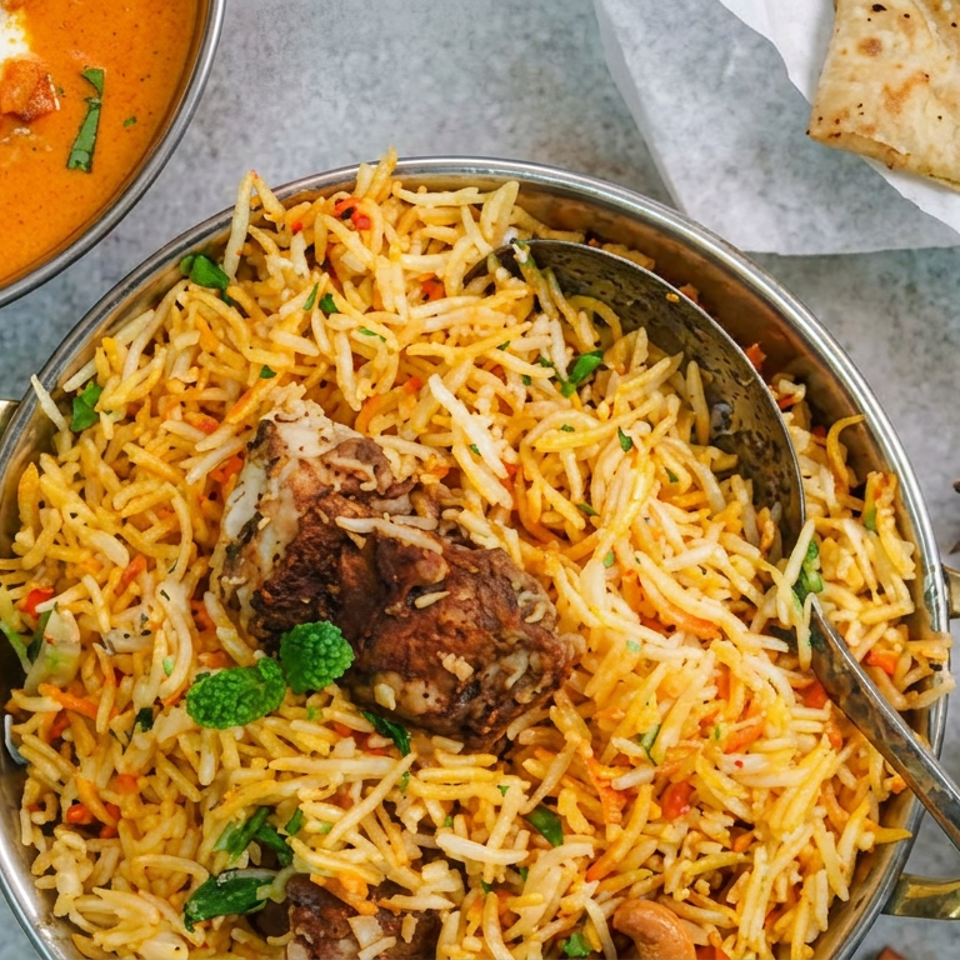 Overhead spread of Indian biryani with roasted meat, naan, creamy curry, and raita garnished with herbs and spices.