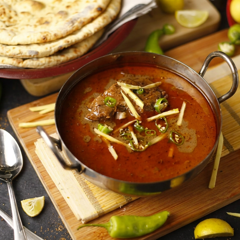 Bowl of spicy red meat curry garnished with ginger and green chilies, surrounded by naan, limes, and peppers.