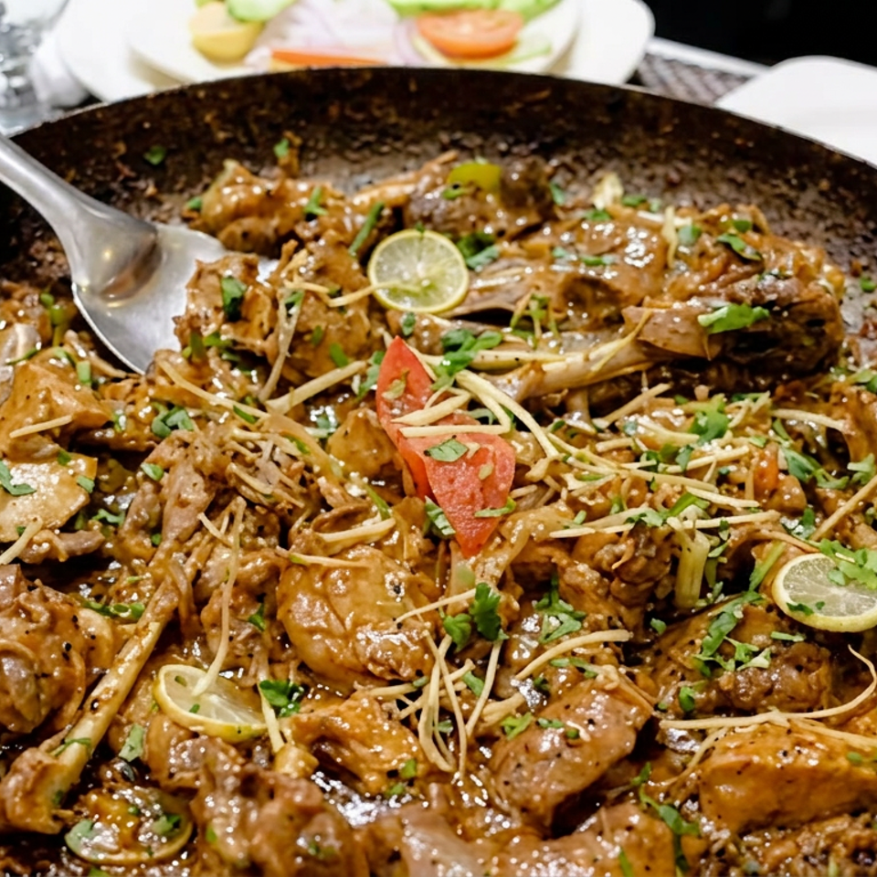 Large platter of saucy roasted meat garnished with lime slices, tomatoes, cilantro, and crispy shredded toppings, served with flatbread.