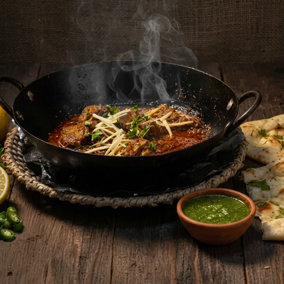 Steaming spiced curry in a black skillet with naan, green chutney, lemon, and chilies on a rustic wooden table.