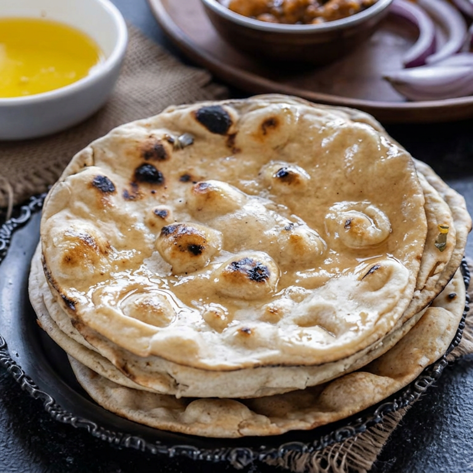 Stack of charred flatbreads on a decorative plate with melted butter, sliced red onions, and dipping sauce.