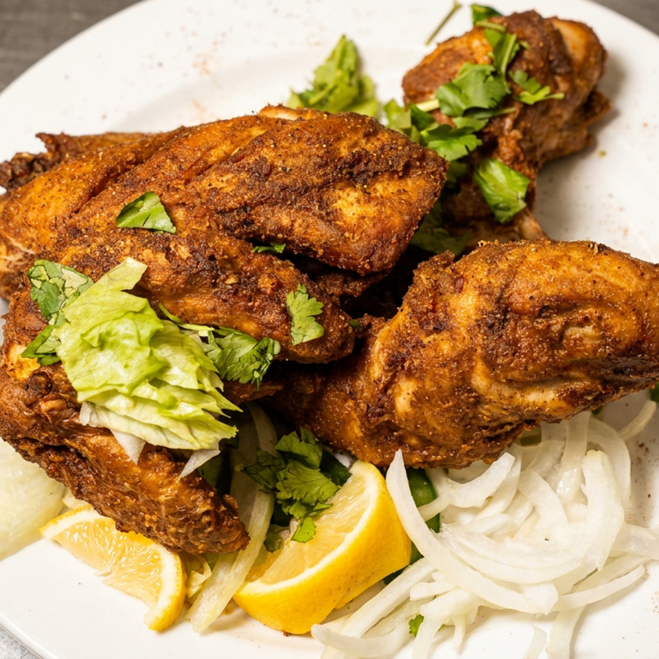 Plate of golden fried chicken garnished with lettuce, cilantro, lemon wedges, and sliced onions.