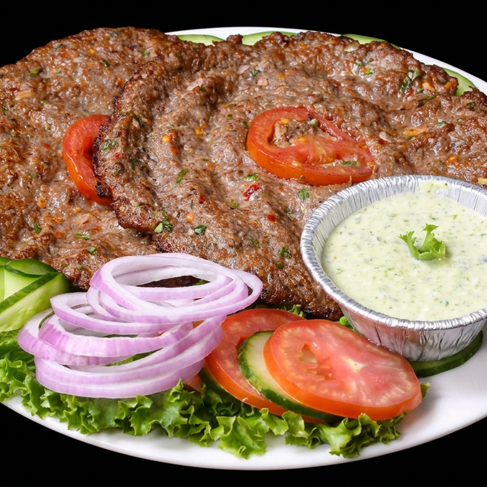 Grilled minced-meat patties served with creamy herb sauce, sliced tomatoes, cucumbers, red onions, and lettuce on a white plate.