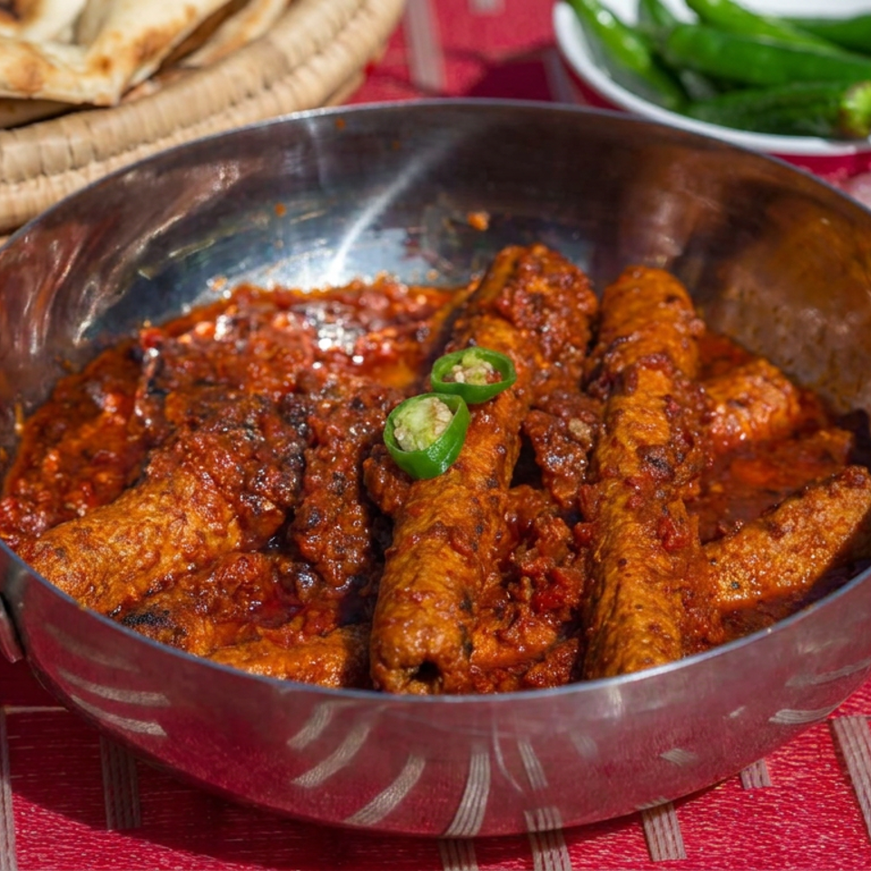 Spiced chicken pieces in rich red sauce garnished with green chili, served in a metal pan with flatbread and peppers.