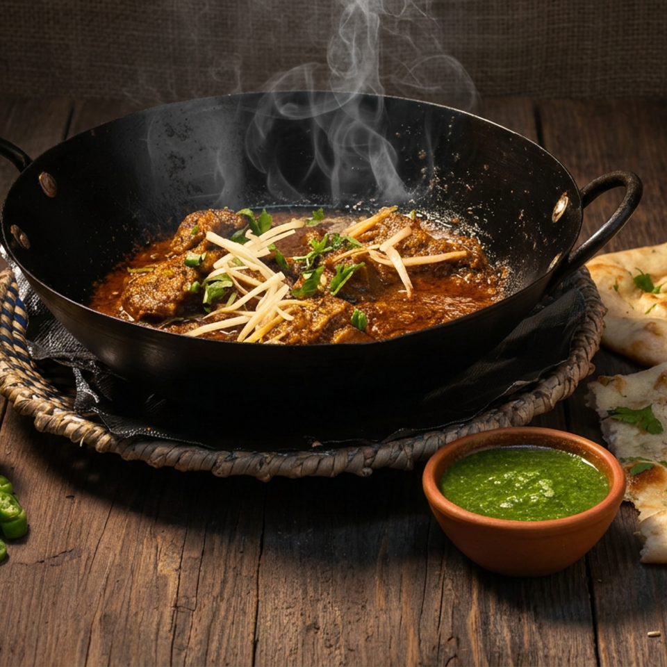 Steaming spiced curry in a black wok with naan, green chutney, chilies, lemon, and mint on a rustic wooden table.