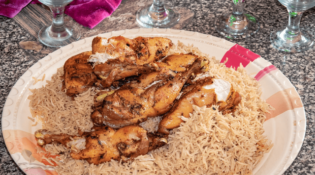 Chicken Pulao with Charga Leg.